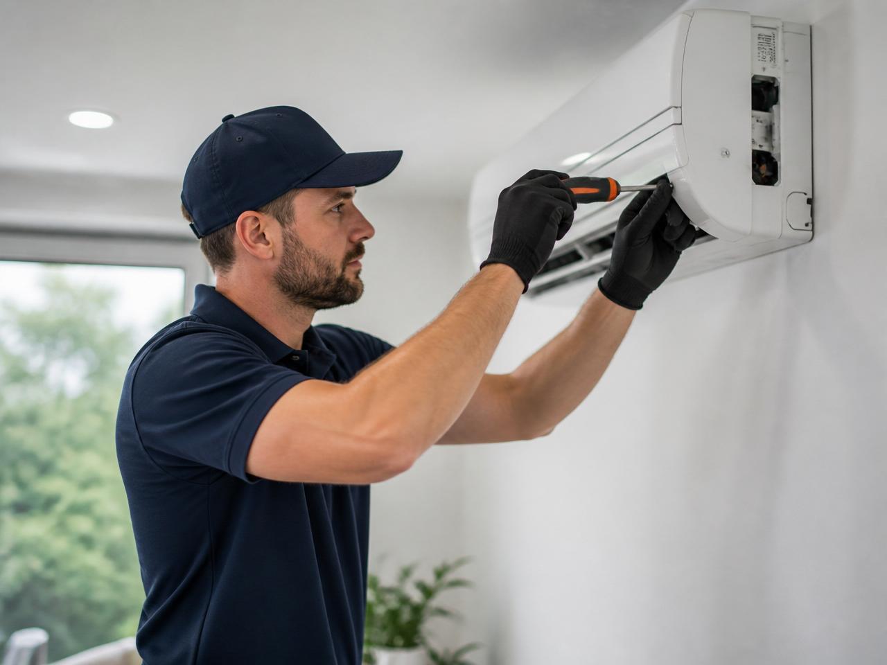 F-Gas certified engineer completing air conditioning installation commissioning